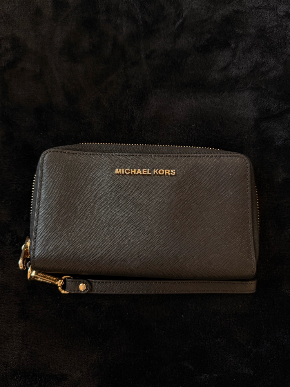 Michael Kors Black Saffiano Zip Wallet with Gold Logo
